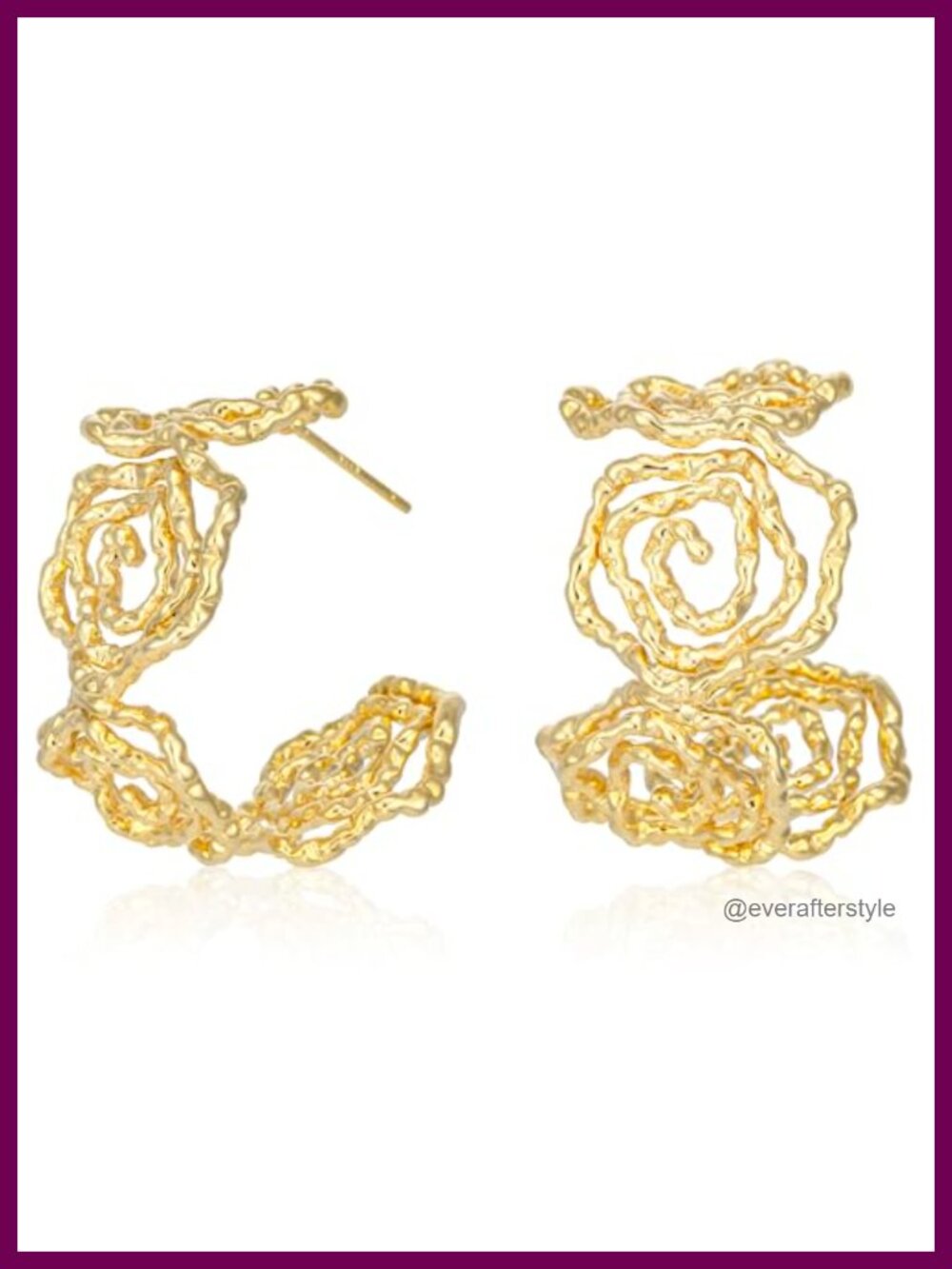 Chunky Gold Plated Hoop Earrings Filigree Rose Lightweight 1"